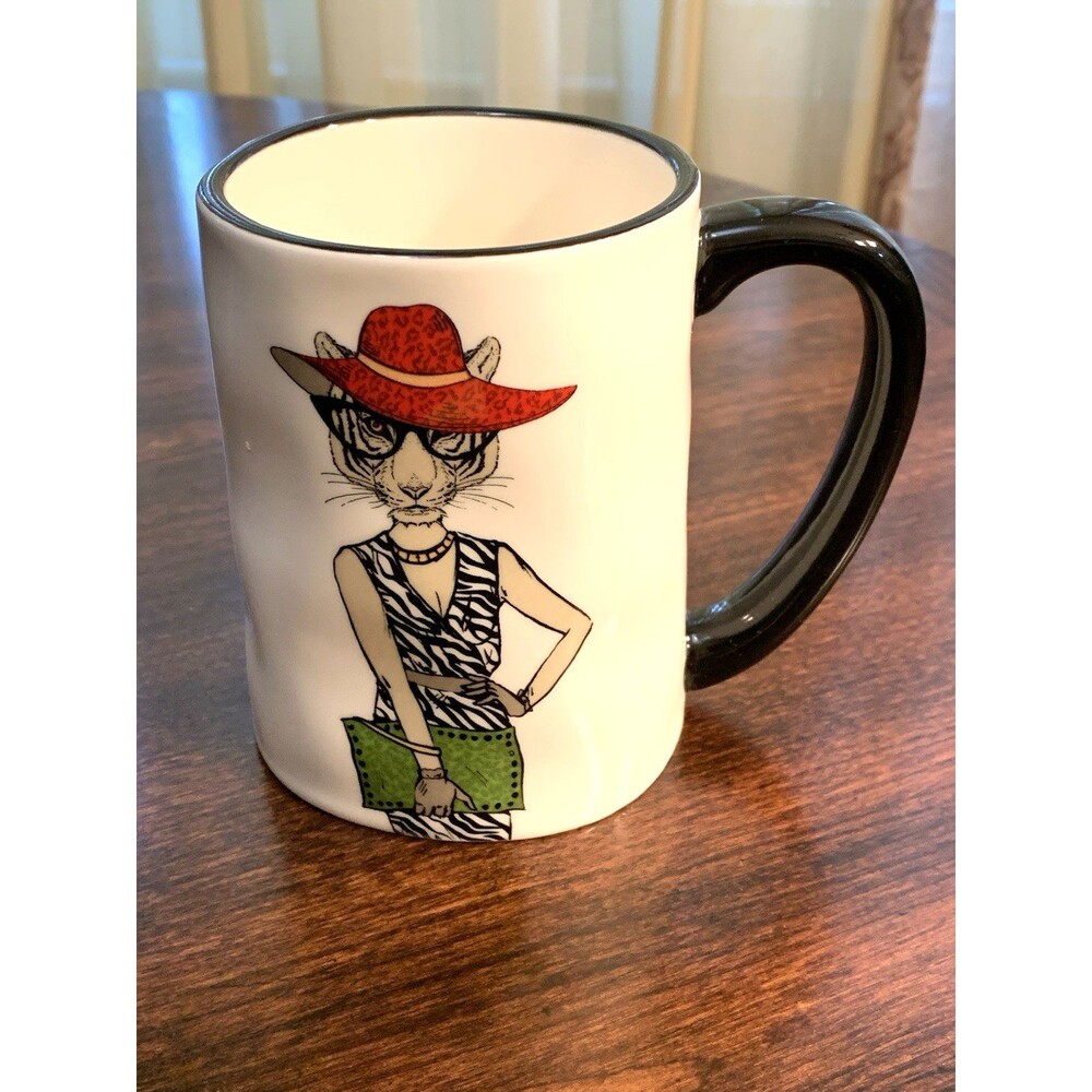 Signature Housewares Mug Hipster Diva Tiger Cat Zebra Print Dress Red Hat Clutch